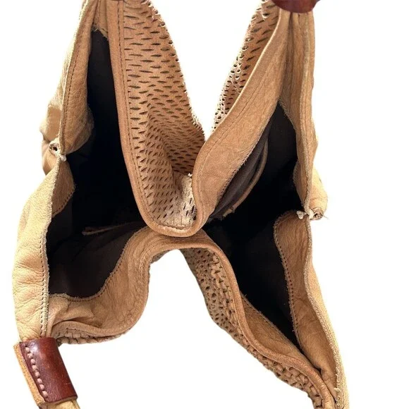 49 Square Miles Nubuck Leather Slouchy Hobo Shoulder Bag Perforated Tan Tote - Picture 11 of 14